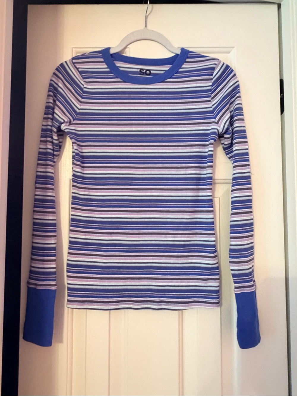 Junior/ Women’s SO Long Sleeve Striped Tee in Blue, White, Purple